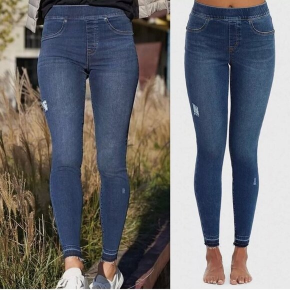 SPANX Pants - SPANX Flat Front Distressed Skinny Pull On Jeans Medium Wash Raw Hem Size SP
